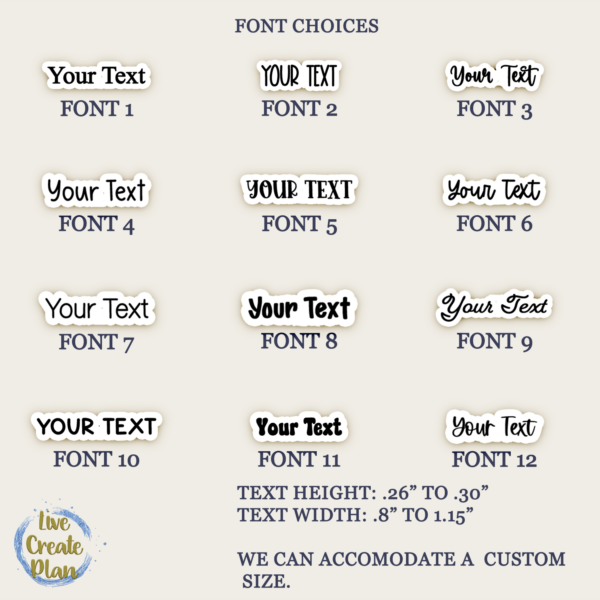 Font choices chart for custom small text stickers by Live Create Plan, showing 12 font options and text size range.