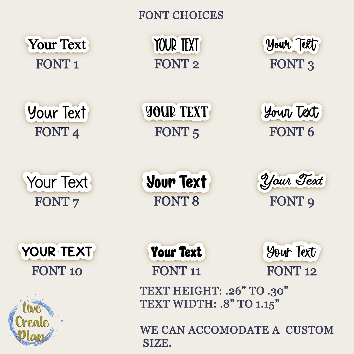 Small Custom Font Font choices chart for custom small text stickers by Live Create Plan, showing 12 font options and text size range.