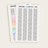Custom small text stickers sheet by Live Create Plan, showing personalized word labels in multiple colors.