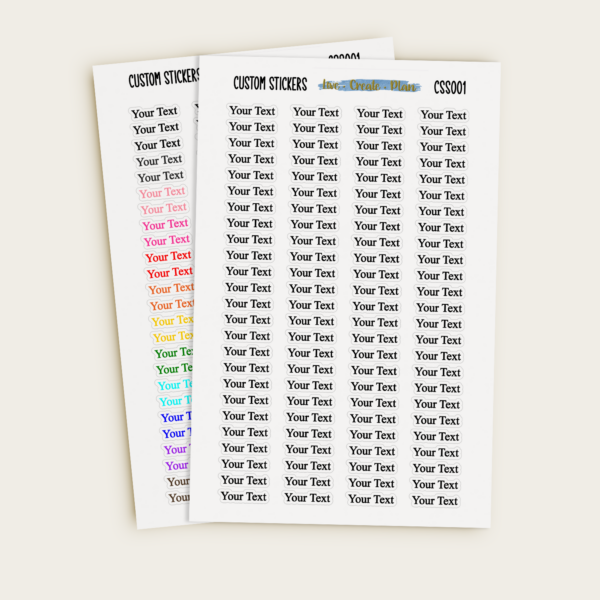 Custom small text stickers sheet by Live Create Plan, showing personalized word labels in multiple colors.