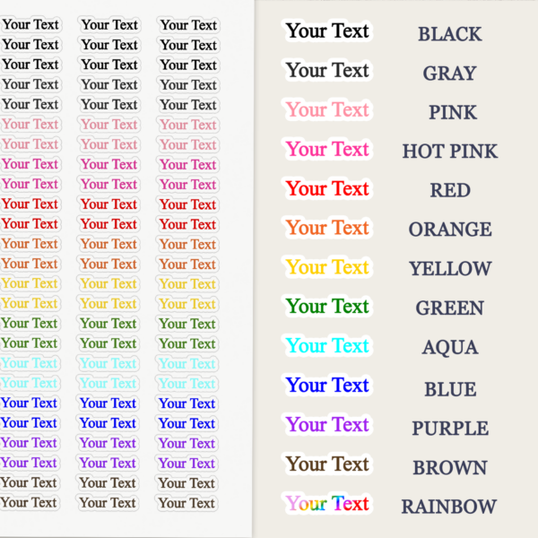 Color options chart for custom small text stickers by Live Create Plan, showing text label stickers in multiple colors including black, pink, red, blue, and rainbow.