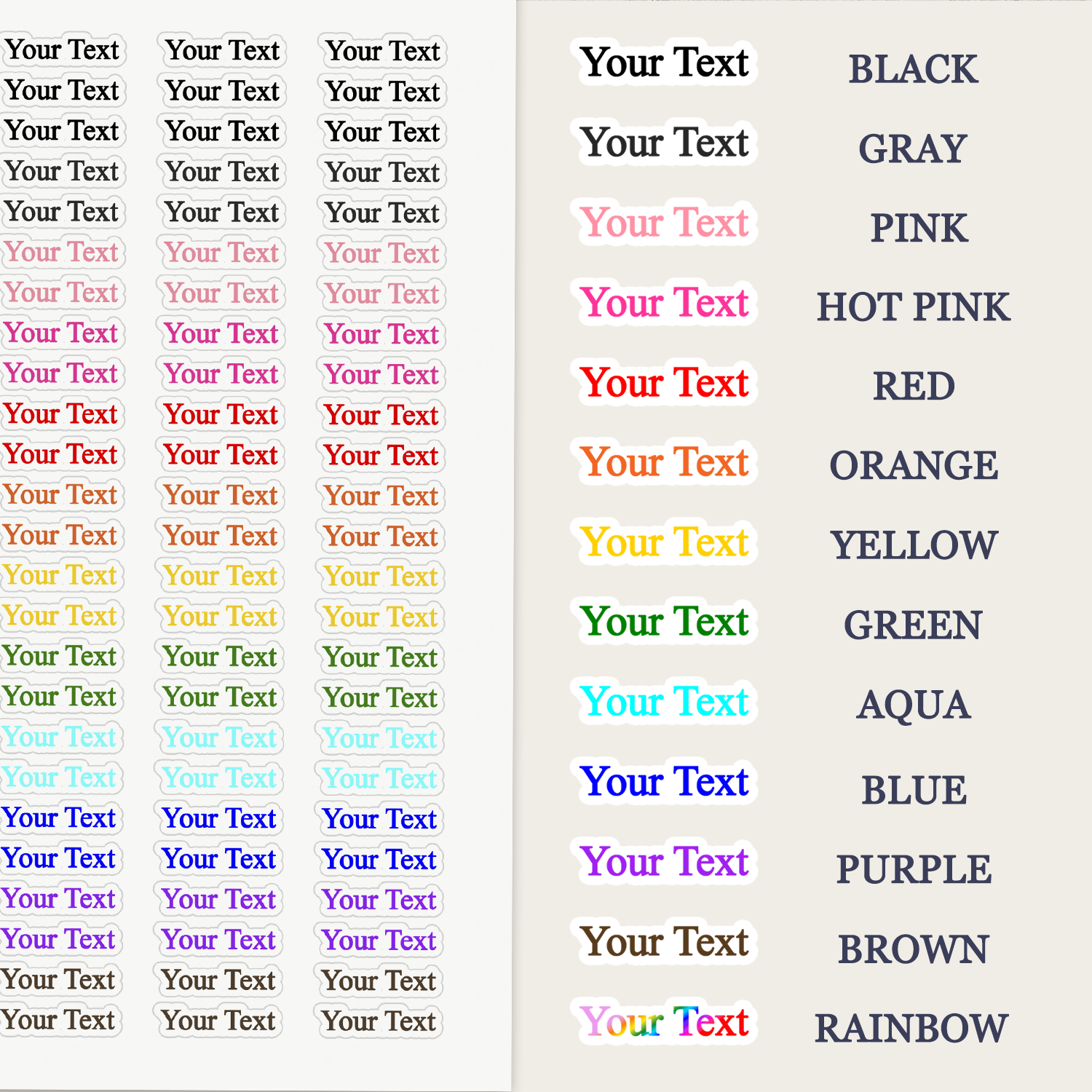 Small Custom colors Color options chart for custom small text stickers by Live Create Plan, showing text label stickers in multiple colors including black, pink, red, blue, and rainbow.