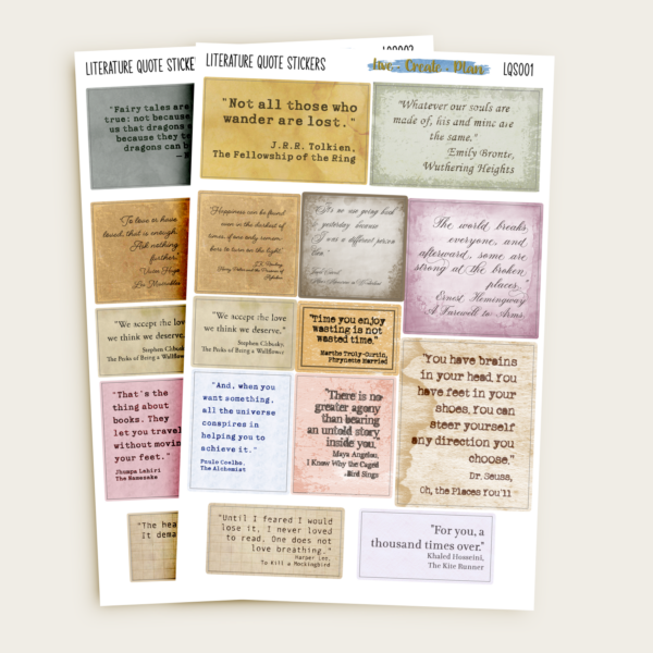 Two Literature Quote Stickers sheets by Live Create Plan with vintage paper-style literary quotes in neutral and pastel tones.