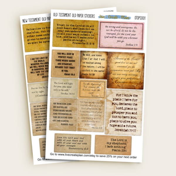Vintage-style Bible verse sticker sheets (Old Testament and New Testament) with aged paper look, by Live Create Plan.