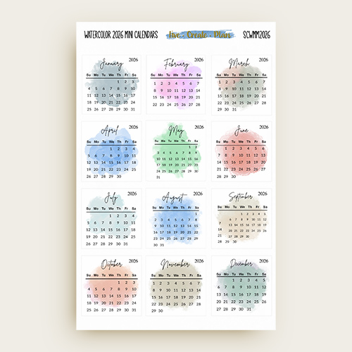 2026 Sunday Start Watercolor Mini Calendar