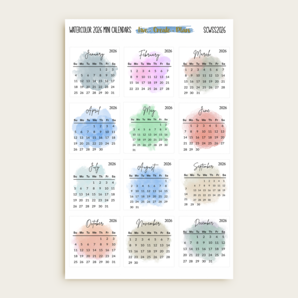 Watercolor 2026 mini calendars (Sunday start) printed sheet by Live Create Plan.