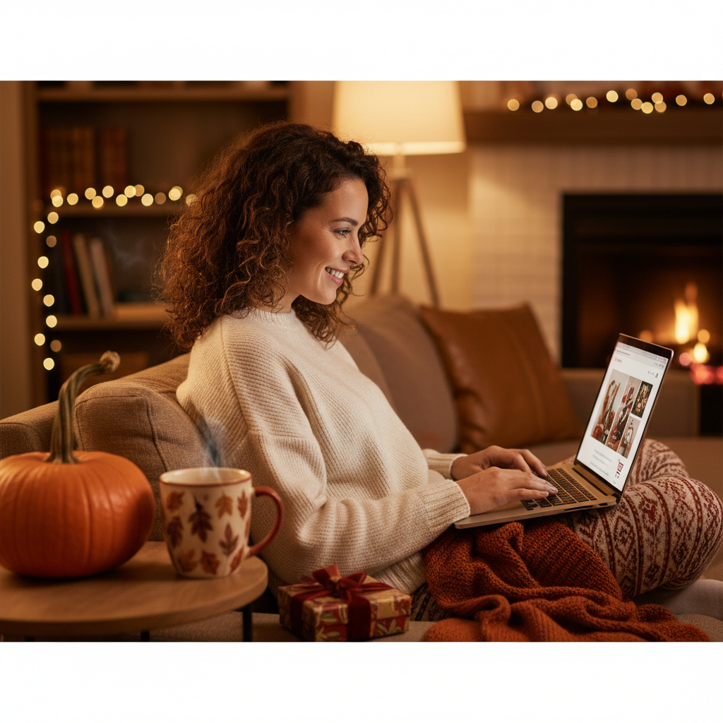 Woman smiling while shopping online on a laptop at home surrounded by cozy fall and early holiday decor, representing stress-free early Christmas shopping