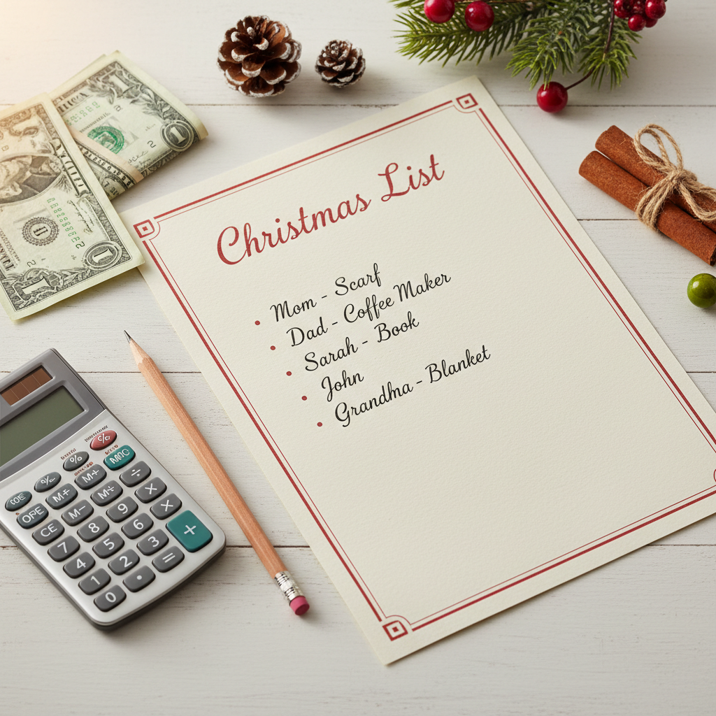 Woman writing a holiday to-do list in a notebook at a cozy kitchen table with coffee and soft Christmas lights in the background