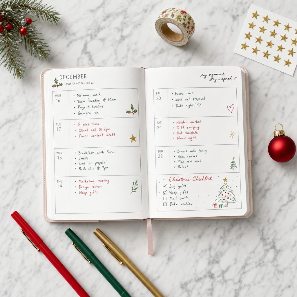 Overhead flat lay of a weekly planner open to a spread with a handwritten Christmas Checklist section, surrounded by colored pens, washi tape, star stickers, and a mini red ornament on a white marble surface